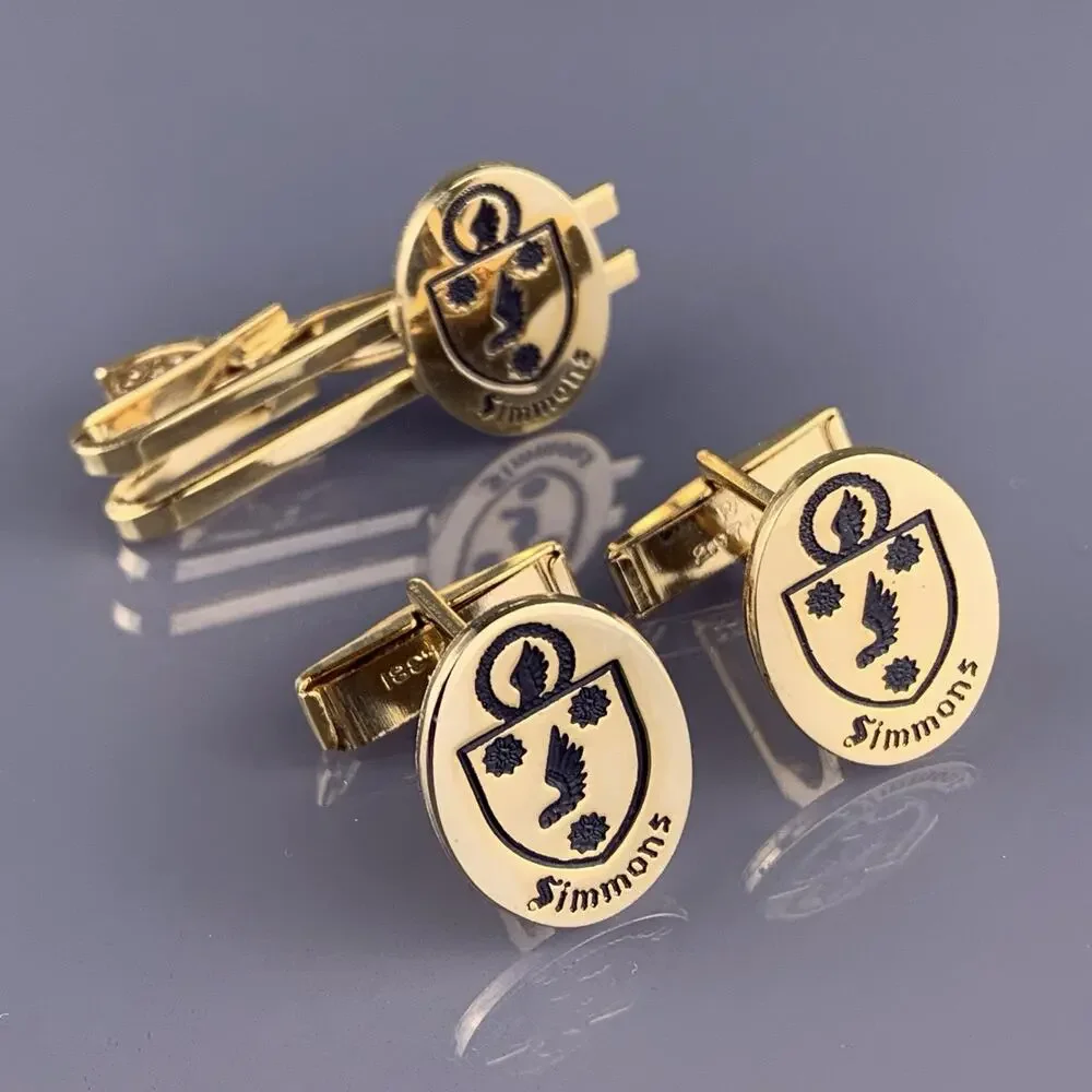 Simmons Family Crest Cufflinks Tie Clip Gold Tone Wing Rose Shield Heraldic VTG